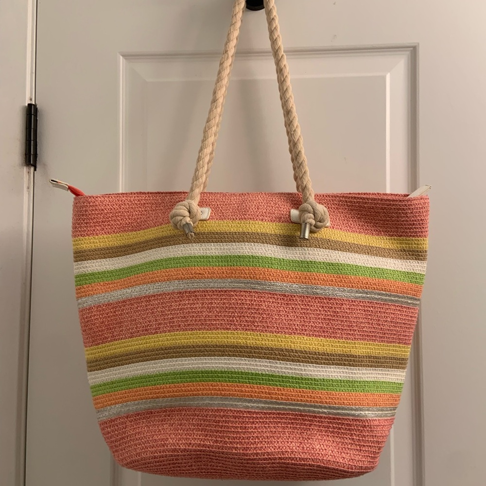 Source Unknown Pink and Green Striped Tote